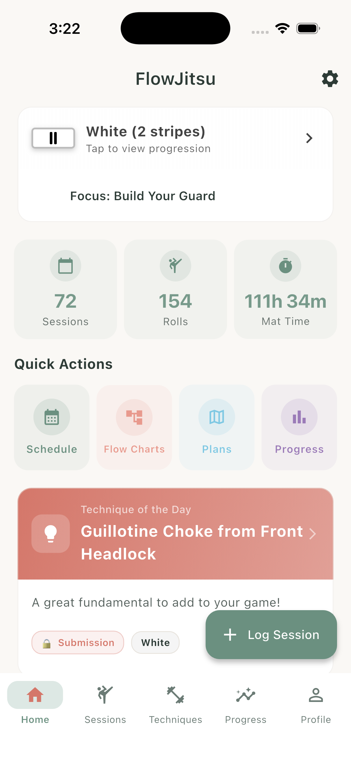 FlowJitsu home screen showing belt rank, training stats, and recent sessions