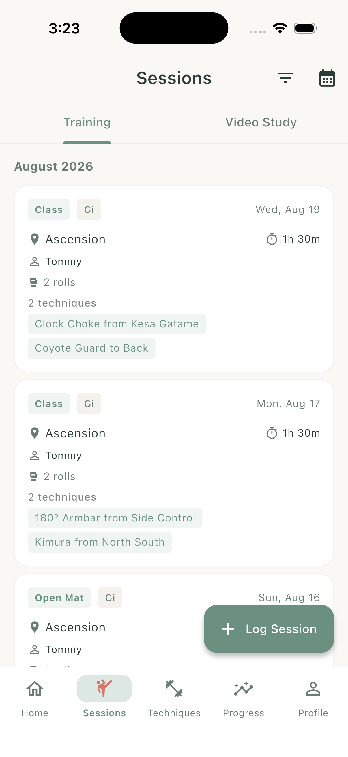 Sessions list in FlowJitsu